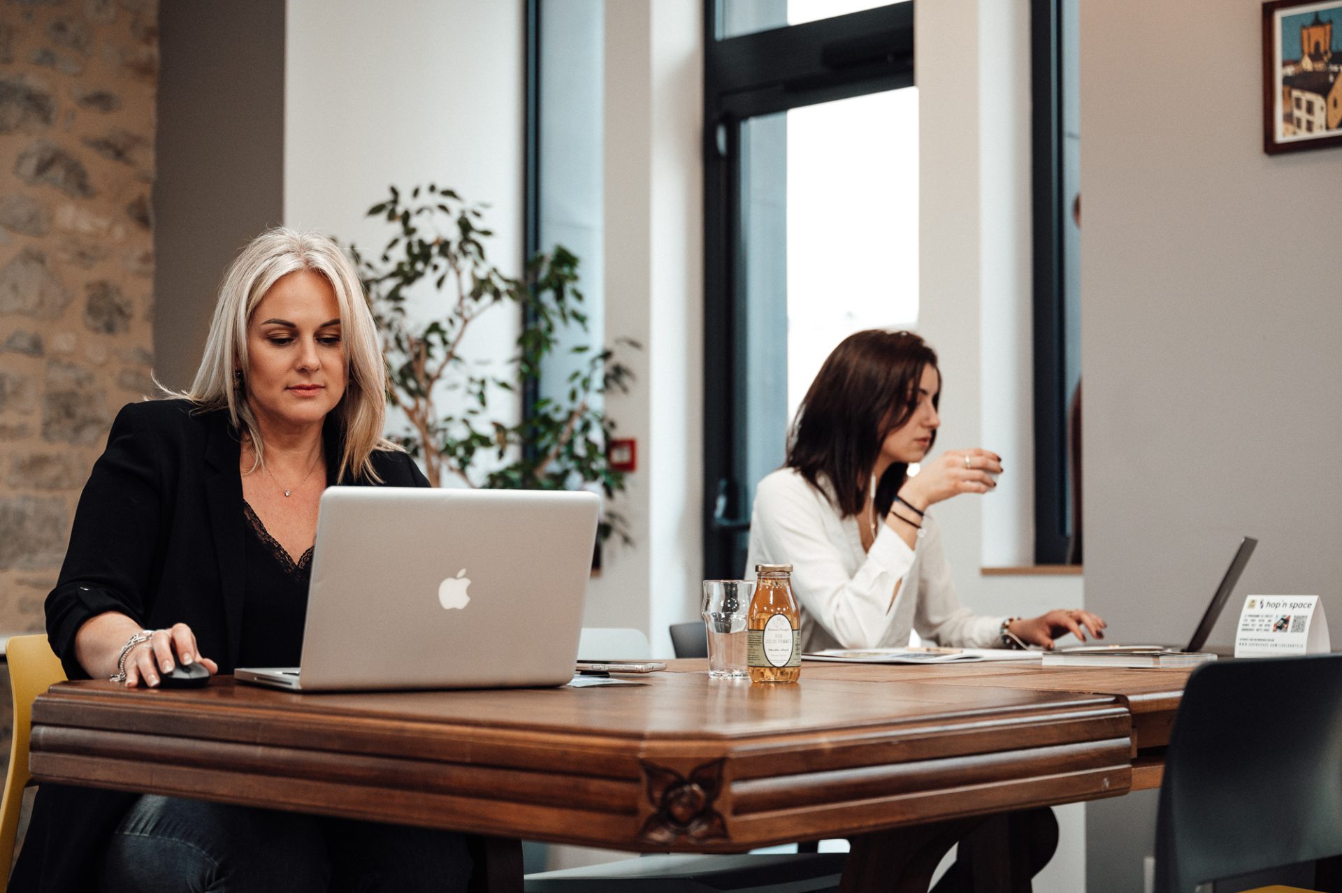 Deux femmes travaillent sur leur ordinateur dans un espace de coworking moderne et chaleureux situé à l’Hôtel Les Fleurines, au cœur de Villefranche-de-Rouergue, dans l’Aveyron. Cet hôtel offre un cadre idéal pour le télétravail ou les rendez-vous professionnels.